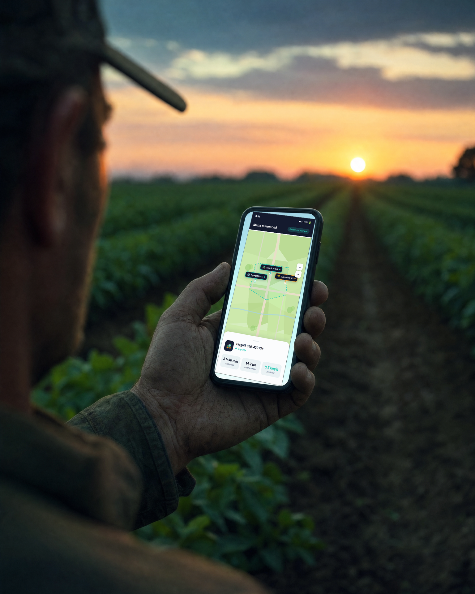 Telefon w dłoni rolnika na tle pola o zmierzchu z ekranem mapy floty AgroShareRent