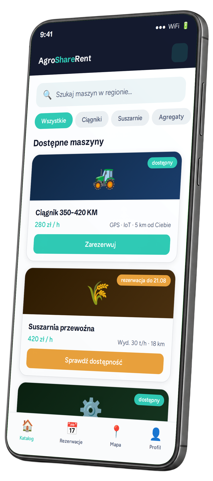 Telefon z ekranem katalogu maszyn platformy AgroShareRent