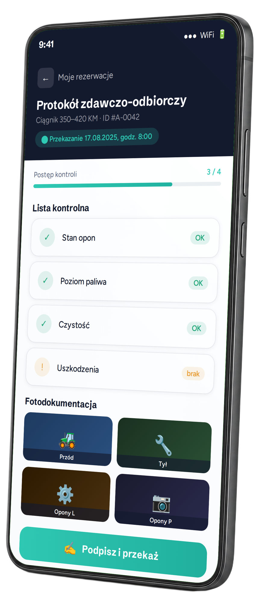 Telefon z ekranem protokołu zdawczo-odbiorczego z fotodokumentacją
