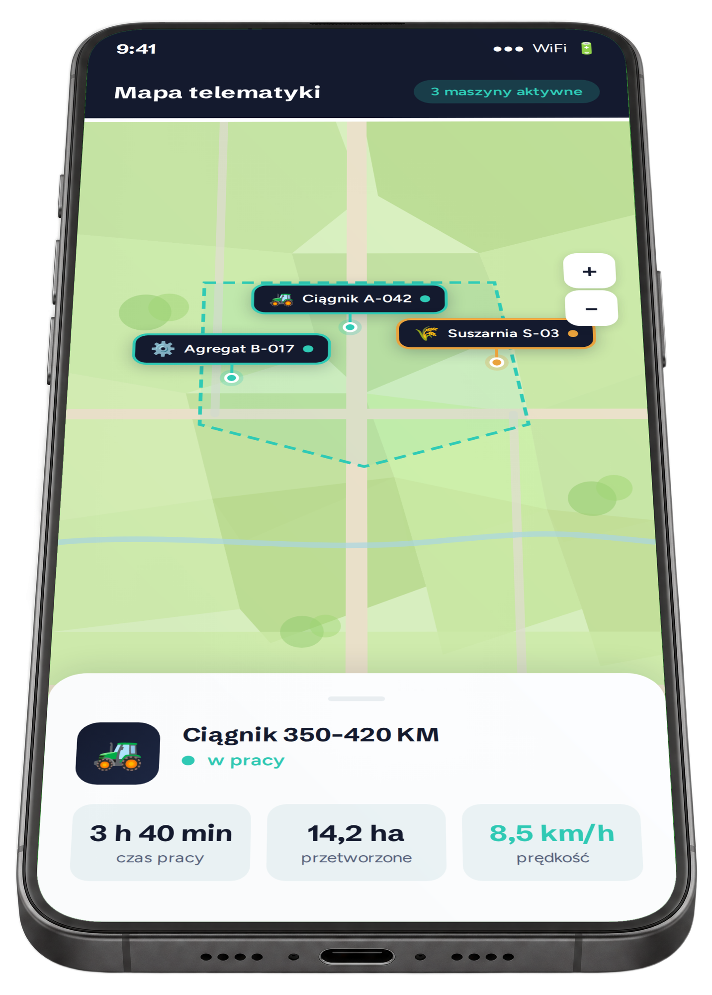Telefon z mapą telematyki floty i strefą geofence